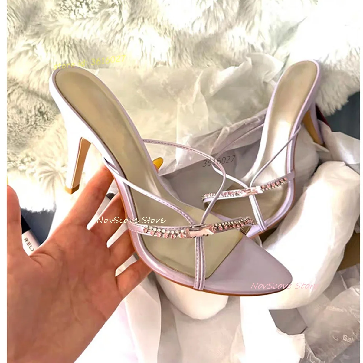Open Toe Rhinestone Straps Slippers Stiletto High Heels Slip On Cutouts Strappy Sandals Summer Sexy Women Party Single Shoes