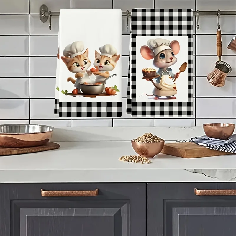 2Pcs, Cute Chef Cat and Mouse Plaid Kitchen Towels, 40Cm*60Cm Towel Set, Super Absorbent Soft Cleaning Cloth, Cooking and Baking Tea Towel, Hand Towel, Cleaning Cloth, Dishwashing Cloth, Kitchen Decoration, Living Room Decoration, Kitchen Essentials, Home Essentials