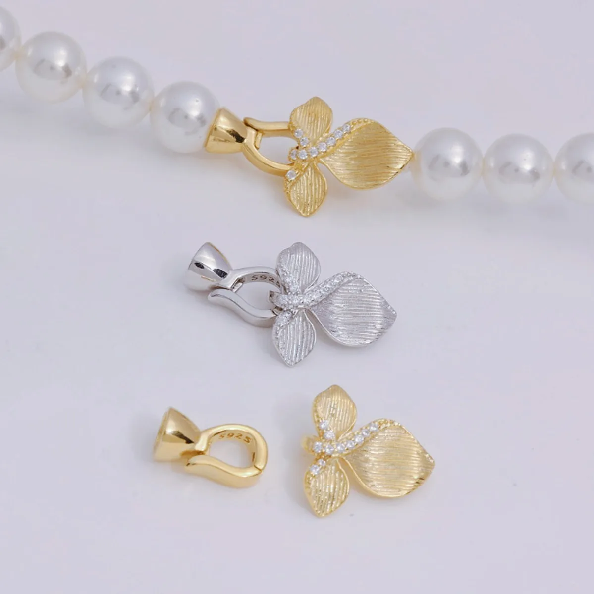 S925 Sterling Silver Three‑Petal Flower Micro‑Paved Zircon Toggle Clasp DIY Pearl Necklace Bracelet Connecting Jewelry Making Su