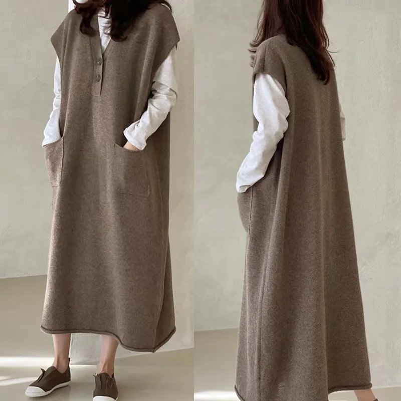 

New Korean Fashion Casual Loose Cashmere Dress Women Knitted V-neck Pockets Short Sleeve Sweater Long Dresses Autumn Vestidos