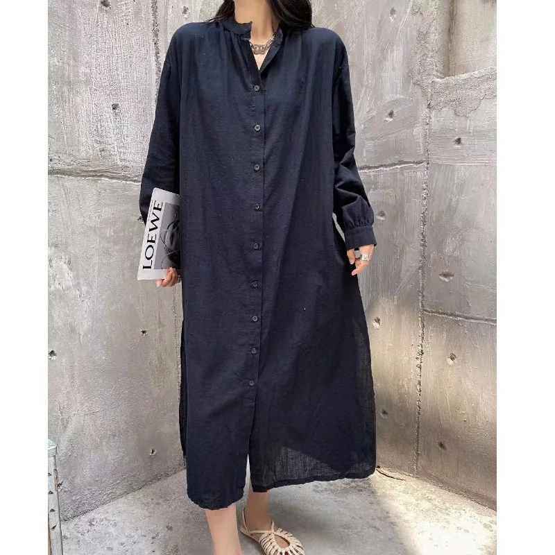 

Women's round Ne Long Sve irt Dr Pure Color Base Layer Long Dr Single Button Japanese Sle Autumn New Cross-Border