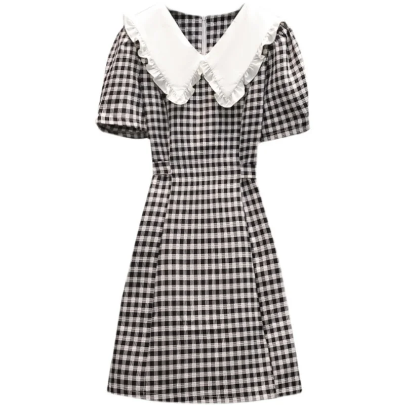 

Vintage Plaid White Black Dress Sweet Peter Pan Collar Short Sleeve Elegant Party Knee Dresses 2022 Summer New Female Clothing