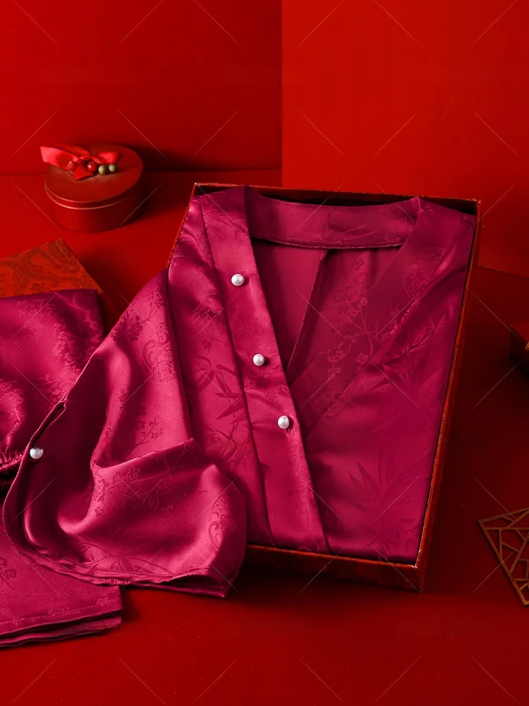 Pijama Feminino de Seda Gelada Vermelho de Manga Comprida, Roupa de Casa Primavera Verão, Caixa de Presente de Casamento, Novo Estilo Zodíaco Chinês, Ajuste Confortável