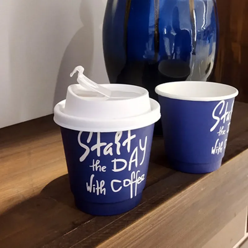 

280ML High Quality Disposable Take Away Coffee Milk Tea Paper Cup With Lid Leak-Proof Blue Thickened Home Hot Drink Soy Cup