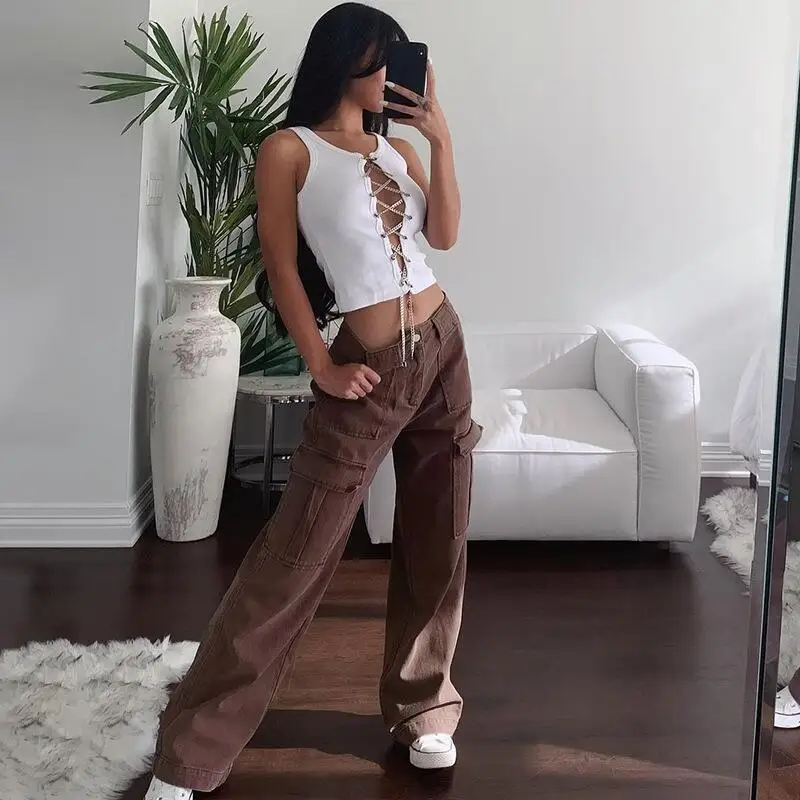 Southeast Asian Brown Straight Leg Jeans Women Slim Denim Pants Loose Pocket Trousers Spring Summer