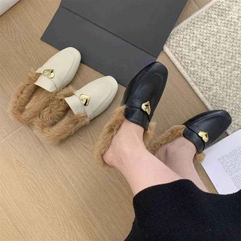 Flat Heel Plush Shoes Women Fur Slippers Adults Flock Cover Toe Slides Loafers Fashion Round Toe Slip On Mules Shoes Leisure