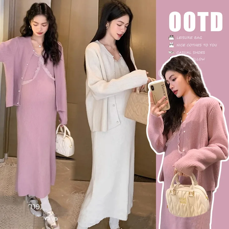 

Elegant Maternity Knit Set Autumn Lace Trim Sweater Dress with Sleeveless Vest Slim Fit Two Piece Outfit for Pregnant Women