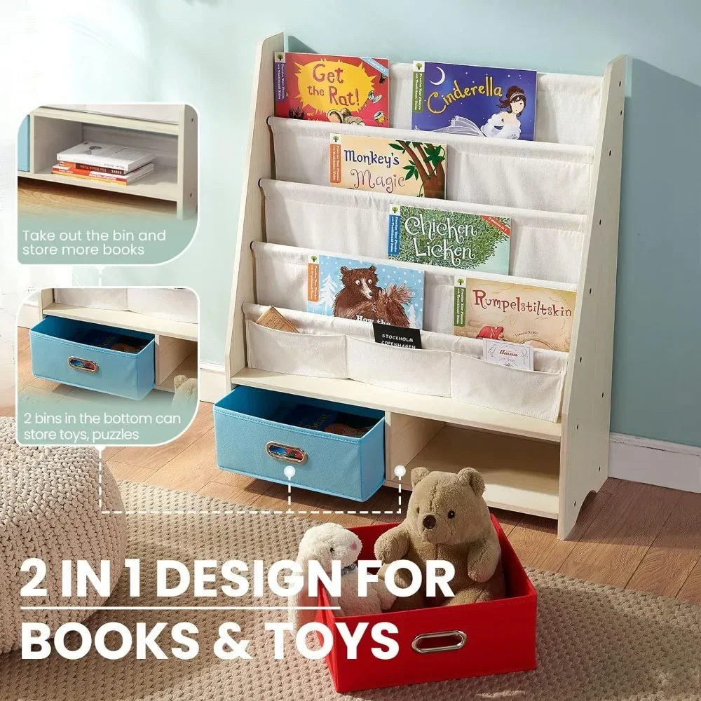 Children's bookshelf, 4 strap bookshelves, 2 storage boxes and toy storage shelves