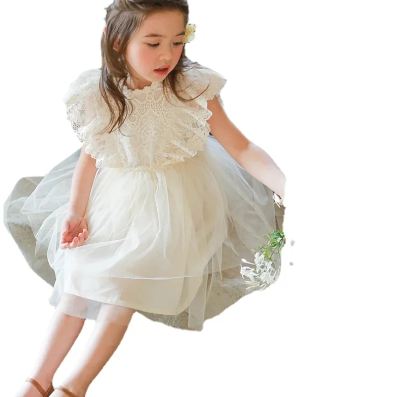 New Korean Baby Girl Dress Summer Sweet Style Princess Girls Lace Flying Sleeves A-line Dress Kid Clothes Baby Vestido CC136