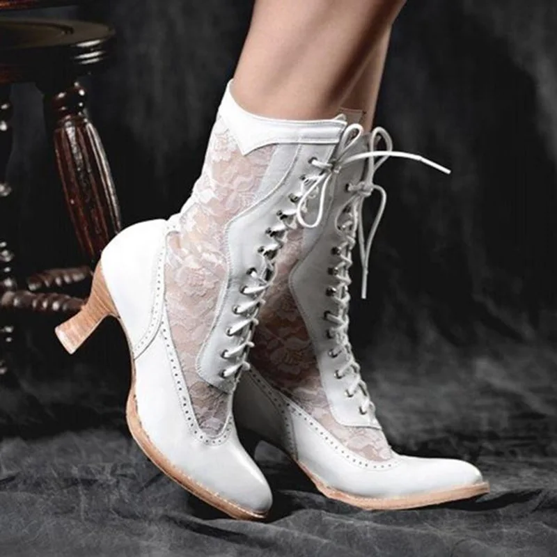 

Vintage Women's Boots Pointed Toe Mid-Calf Boots Elegant Pu Lace Up Boots Lace Spliced High Heels Plus Size Platform Women Shoes