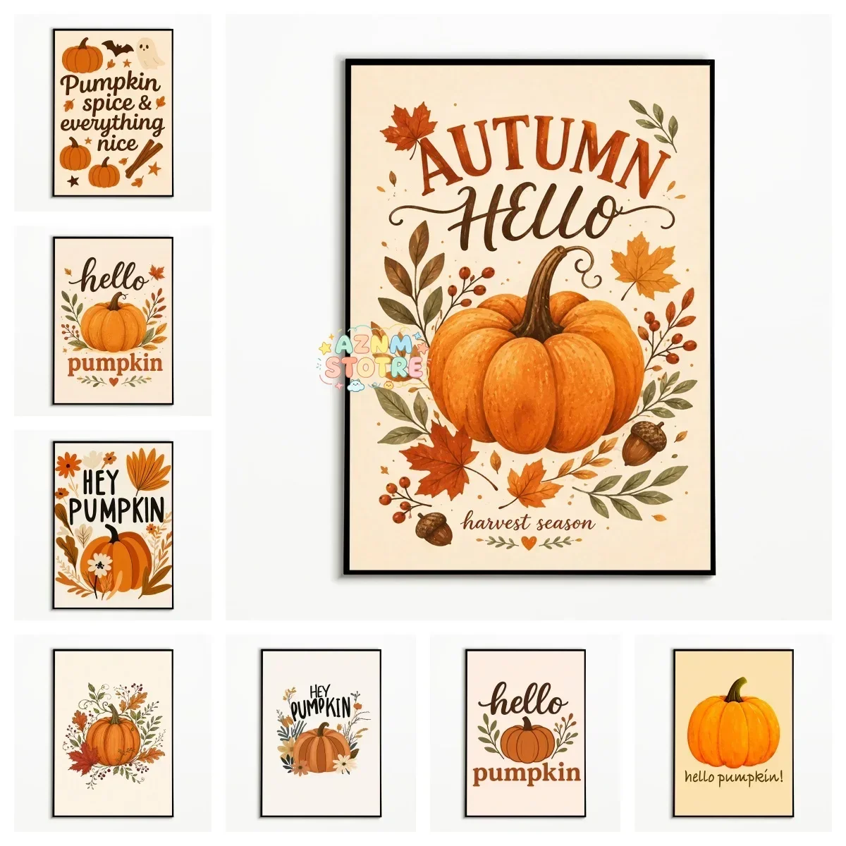 1PC Hello Pumpkin Autumn Poster Thanksgiving Rural Harvest Wall Art Halloween Plants Flowers Canvas Printing Fall Decor Gift