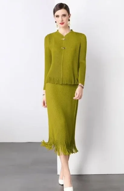 

Miyake Design Sense Tassel Fashion Suit Women's Clothing Hot Sale Medium and Long Hip Skirt Pleated Temperament Two-piece Set