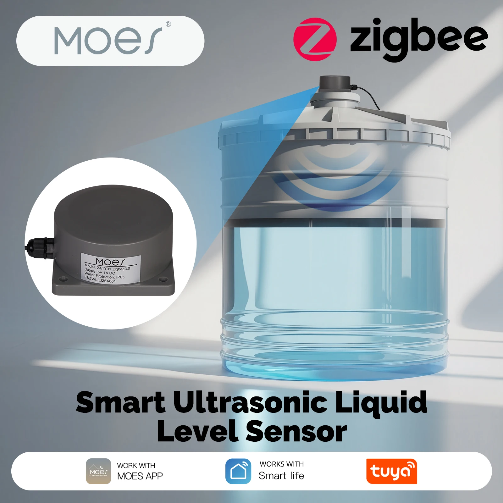 

MOES Tuya WiFi / ZigBee Water Level Detector, Ultrasonic Smart Tank Monitor with Real-Time Alerts & APP Remote Control