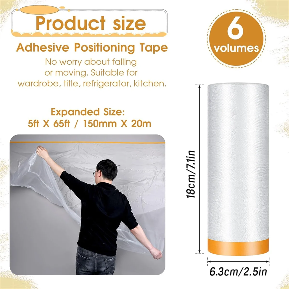 

A002 6 Rolls Pre-Taped Masking Film,60 in X 65 Ft Painters Plastic with Tape, Tape and Drape,for Automotive Painting Covering