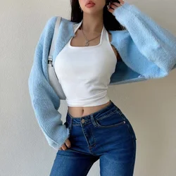 Mohair Knitted Bolero Cardigan for Women Open Front Cropped Shrug Sweater Fuzzy Long Sleeve Trendy Knitwear