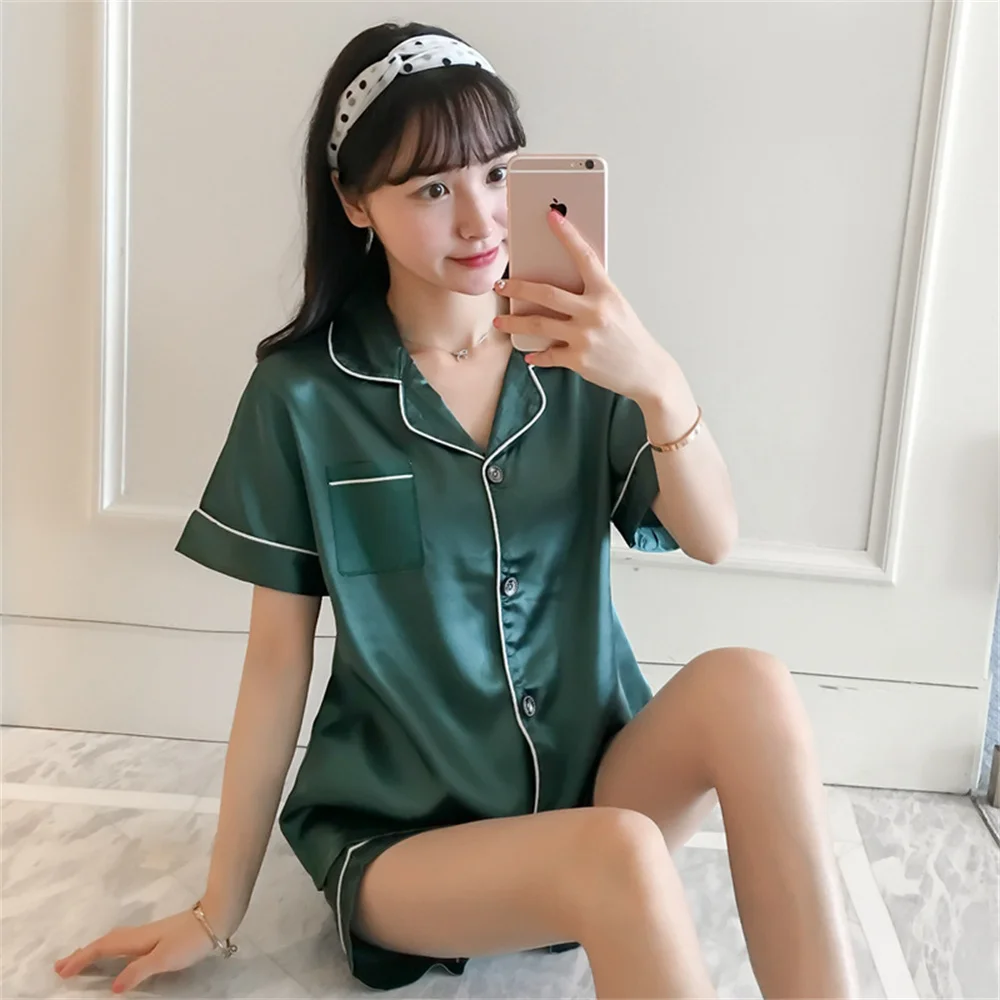 Imitation Silk Pajamas Womens Pyjamas Set Nightwear Ladies Silk Satin Sleepwear Short Sleeve Shorts Cool Ice Silk Two-Piece Set