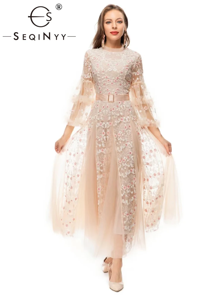 

SEQINYY Pink Midi Dress Summer Spring New Fashion Design Women Runway High Quality Embroidery Flowers Mesh Elegant Party Belt