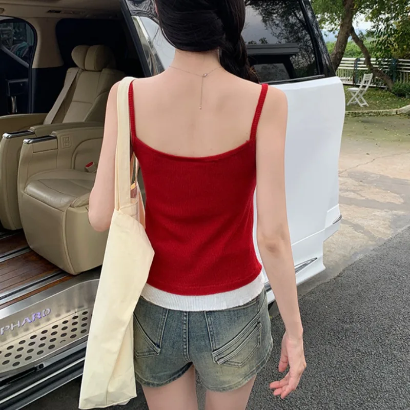 Fake 2pcs Camis Women Summer Hotsweet Girls Casual All-match Holiday Patchwork Design Korean Fashion High Street Personality Ins