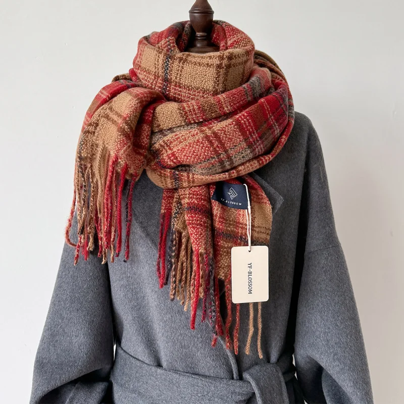 

Plaid Scarf Outer Wear Ladies Winter Neckerchief Neck Windproof Scarf Keep Warm Thickened All-Matching Long Double-Sided Shawl
