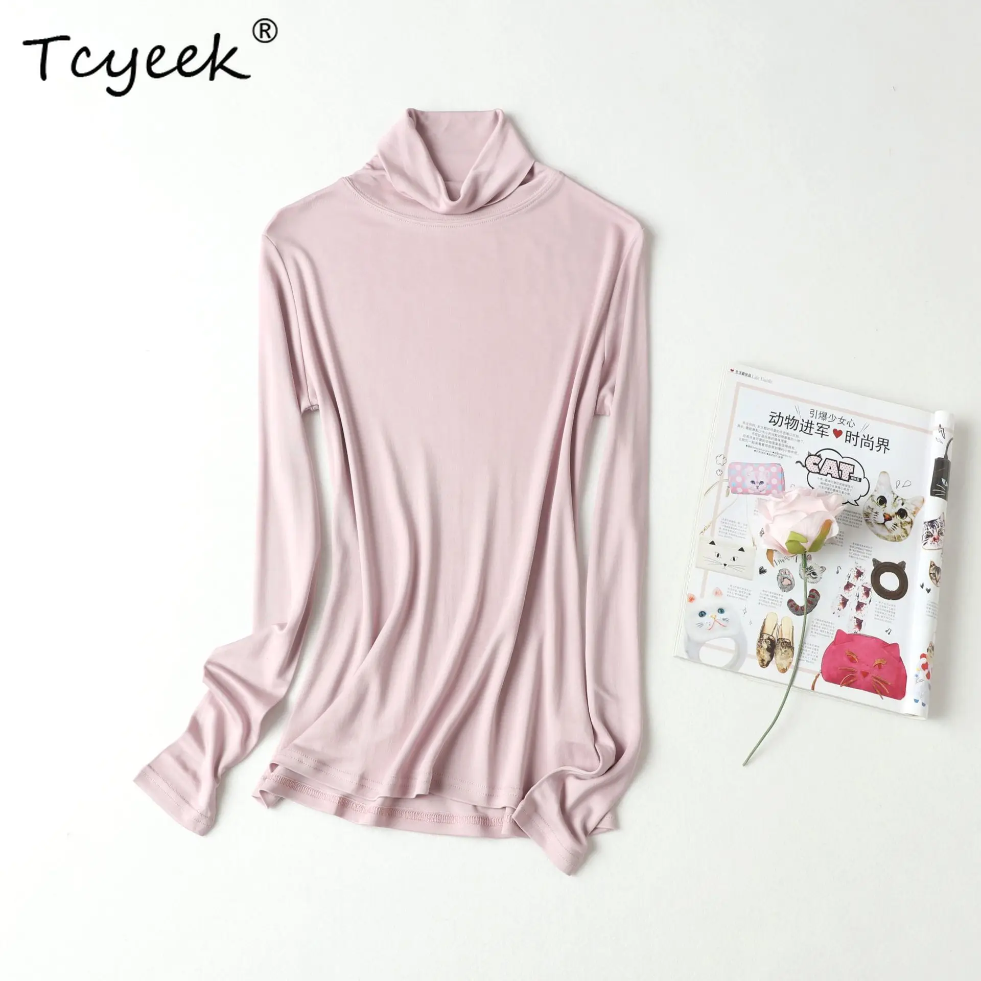 

Tcyeek 30% настоящий шелк шелковицы 70% вискоза женская футболка водолазка с длинным рукавом термобелье рубашка осень зима P36078QC