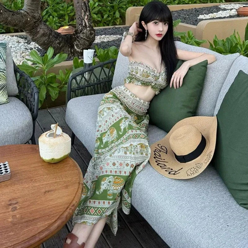 Beach Swimsuit Set Handmade Print Wrap Skirt Crochet Top Strapless Swimsuit Thailand Vacation Summer Resort Wear