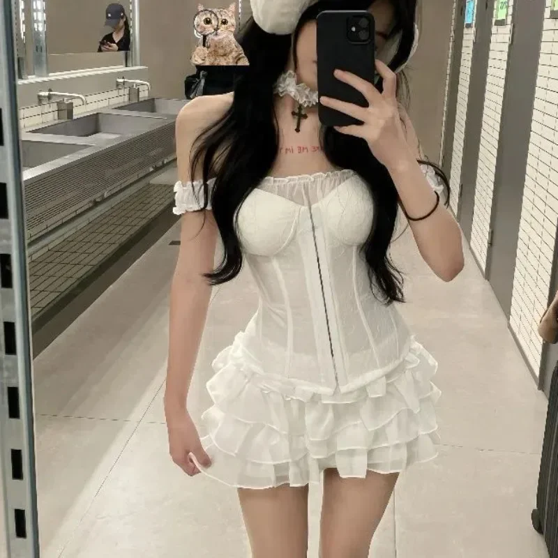 

Женский сексуальный комплект из двух предметов, корсетный топ и многослойная мини-юбка с рюшами, облегающий костюм в готическом стиле Лолиты, клубный ночной летний наряд, новый