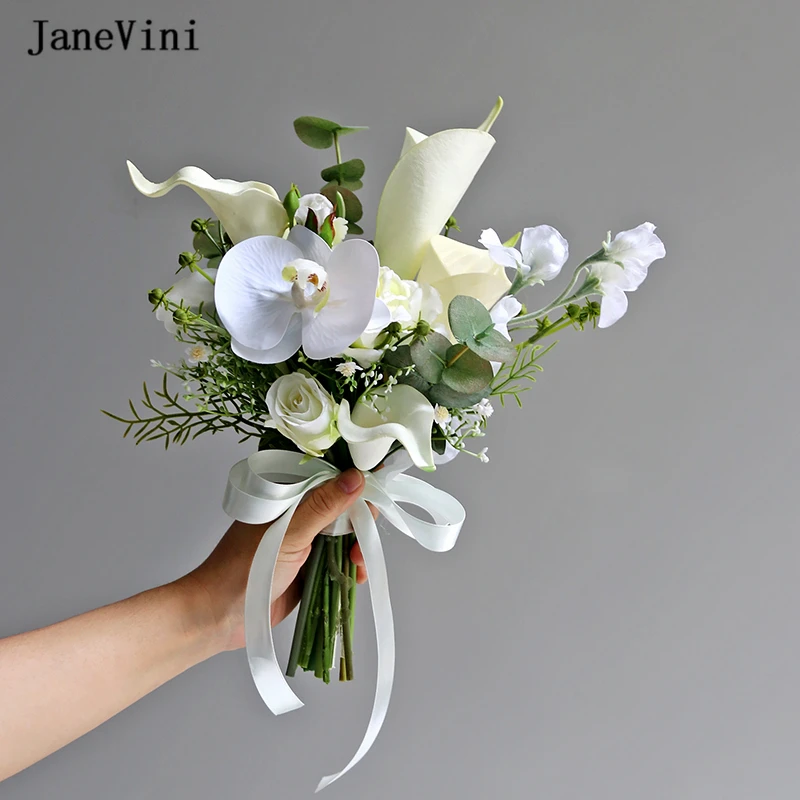 

JaneVini Elegant Spring White Bridal Bouquets Silk Artificial Flowers Hydrangea Roses Calla Lily Bouquet for Wedding Accessories