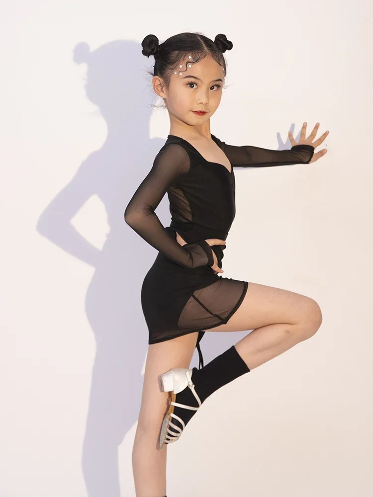 

autumn and winter Latin dance costume for girls, mesh high-end children's Latin practice dance performance costume latin dress