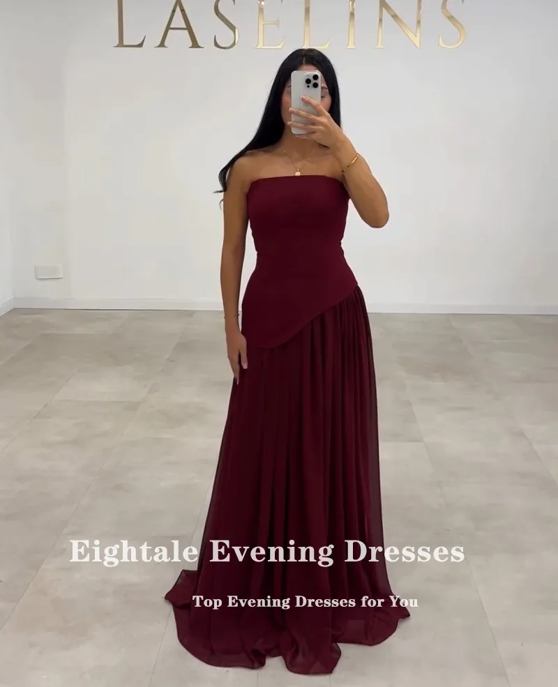 Eightale-vestido de noche árabe sin tirantes, plisado, sin mangas, color Burdeos, vestido de fiesta musulmán personalizado, vestido de fiesta de boda, sirena