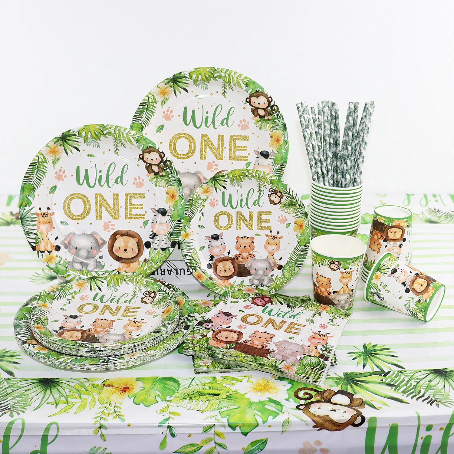 Forest Jungle Birthday Party Decorations Wild One Animal Tablecloth Tableware Set Woodland Safari Happy Birthday Party Supplies