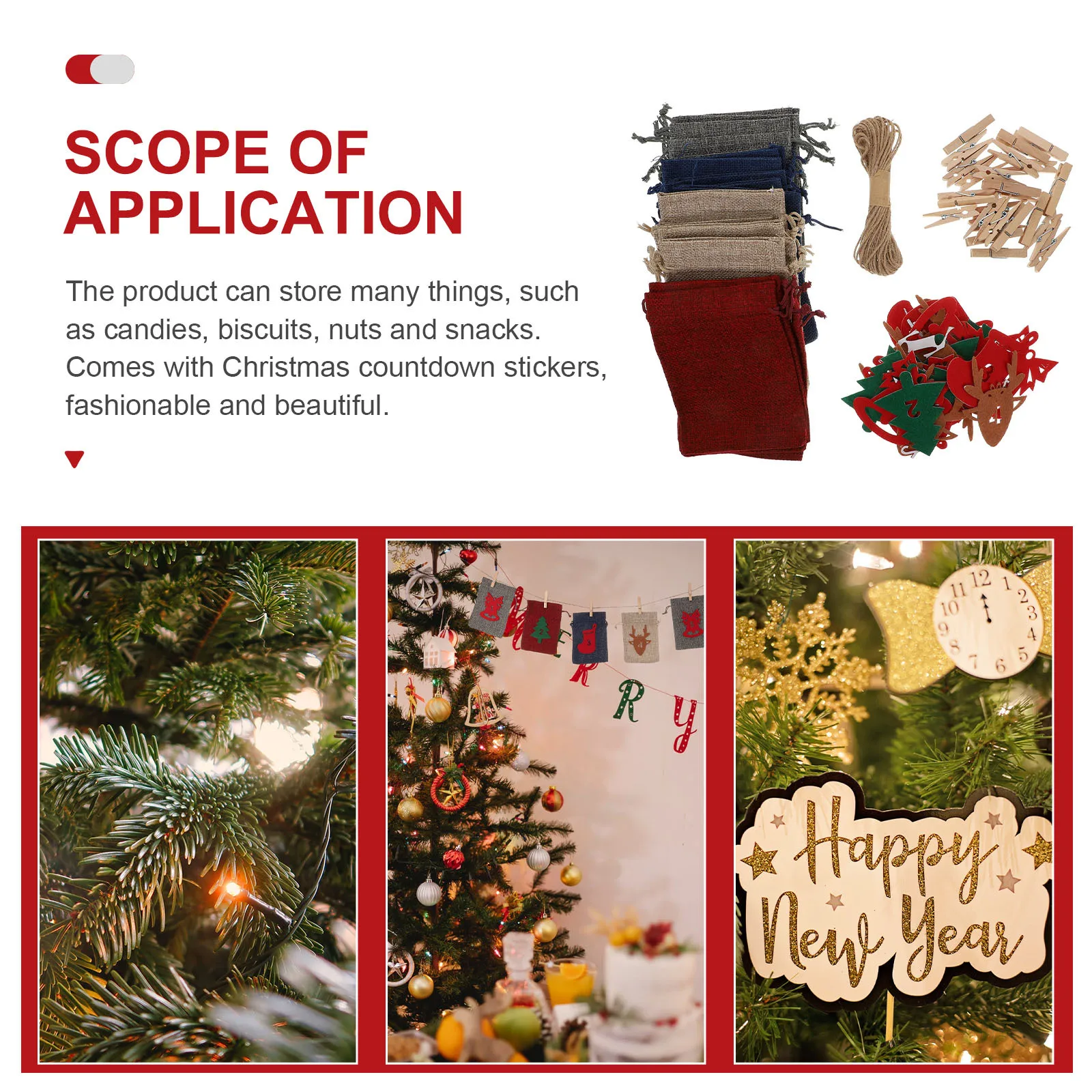 

1Set Christmas Advent Calendar Bags 24-Day Countdown Drawstring Gift Bags with Creative Stickers Xmas Gift Packing and Hanging