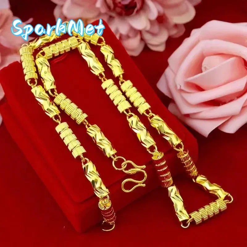 

Christmas 24K Gold 999 Mens Hexagonal Bamboo Necklace, AU999 High Quality Neck Jewelry Chain Human Pulse Luxury Jewelry 8mm 60c