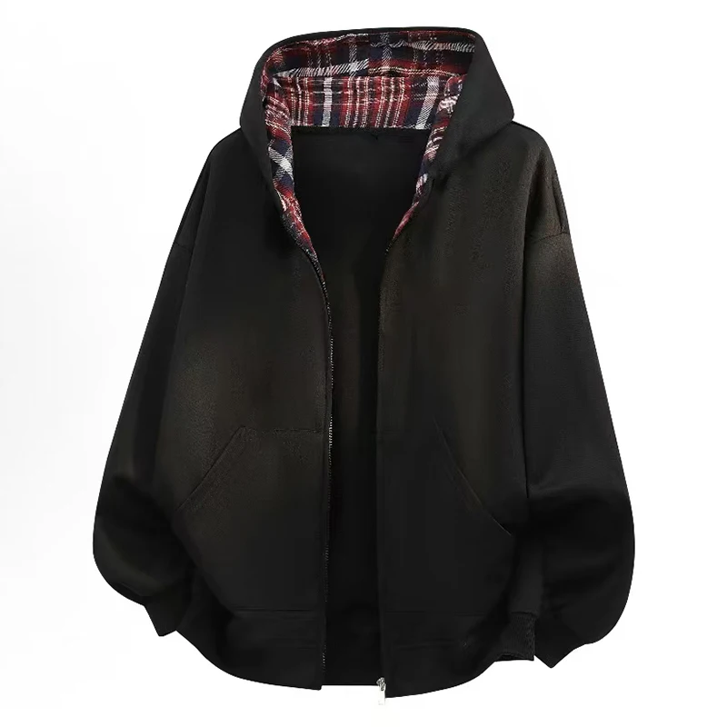 سترة كاجوال للرجال على الطراز الكوري، سويت شيرت فضفاض منقوش بغطاء للرأس وسحاب، معطف مفتوح من الأمام للشارع #1