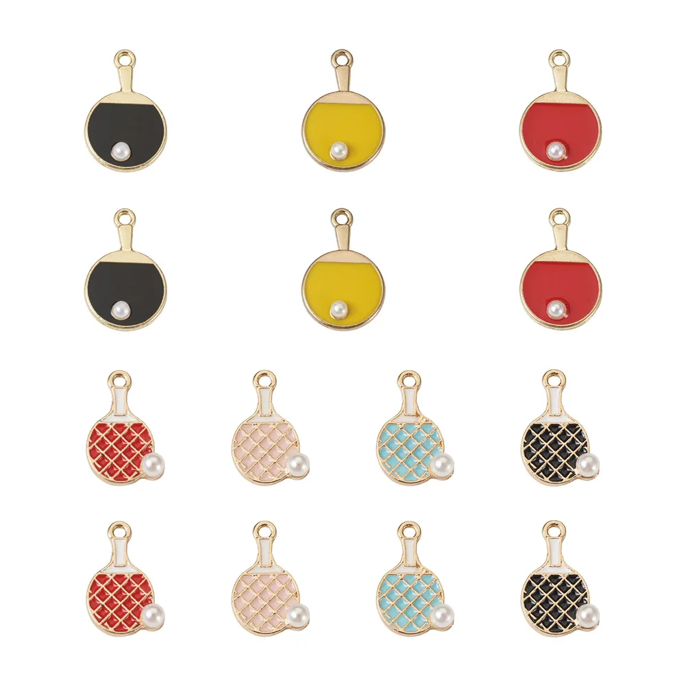 14Pcs Colored Table Tennis Racket Zinc Alloy Enamel Pendant Plastic Imitation Pearl Charms Earrings Bracelet Jewelry DIY Making