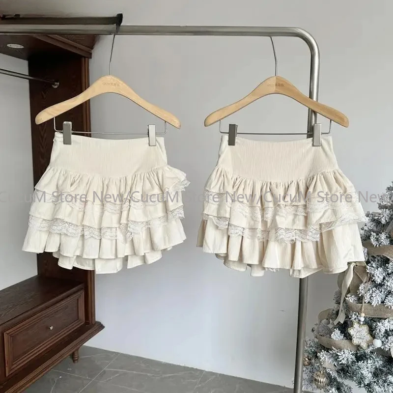 Vintage Cake Skirts Lace Patchwork High Waist Mujer Faldas Solid Fashion Sweet Falda Casual Temperament Short Skirt for Women