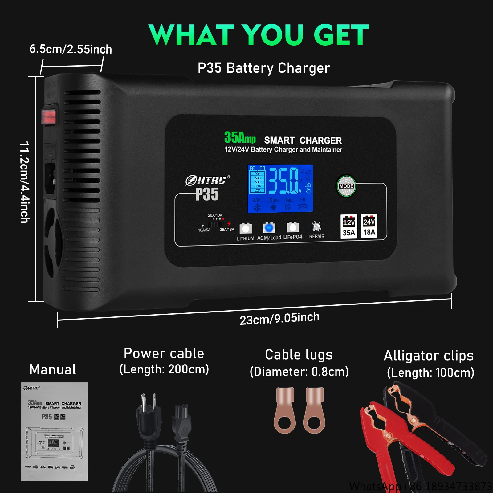 HTRC P35 Fully Automatic Pulse Repair Car Battery Charger 12V/35A 24V/18A Compatible Pb Lifepo4 Lead-Acid Batteries PD Function