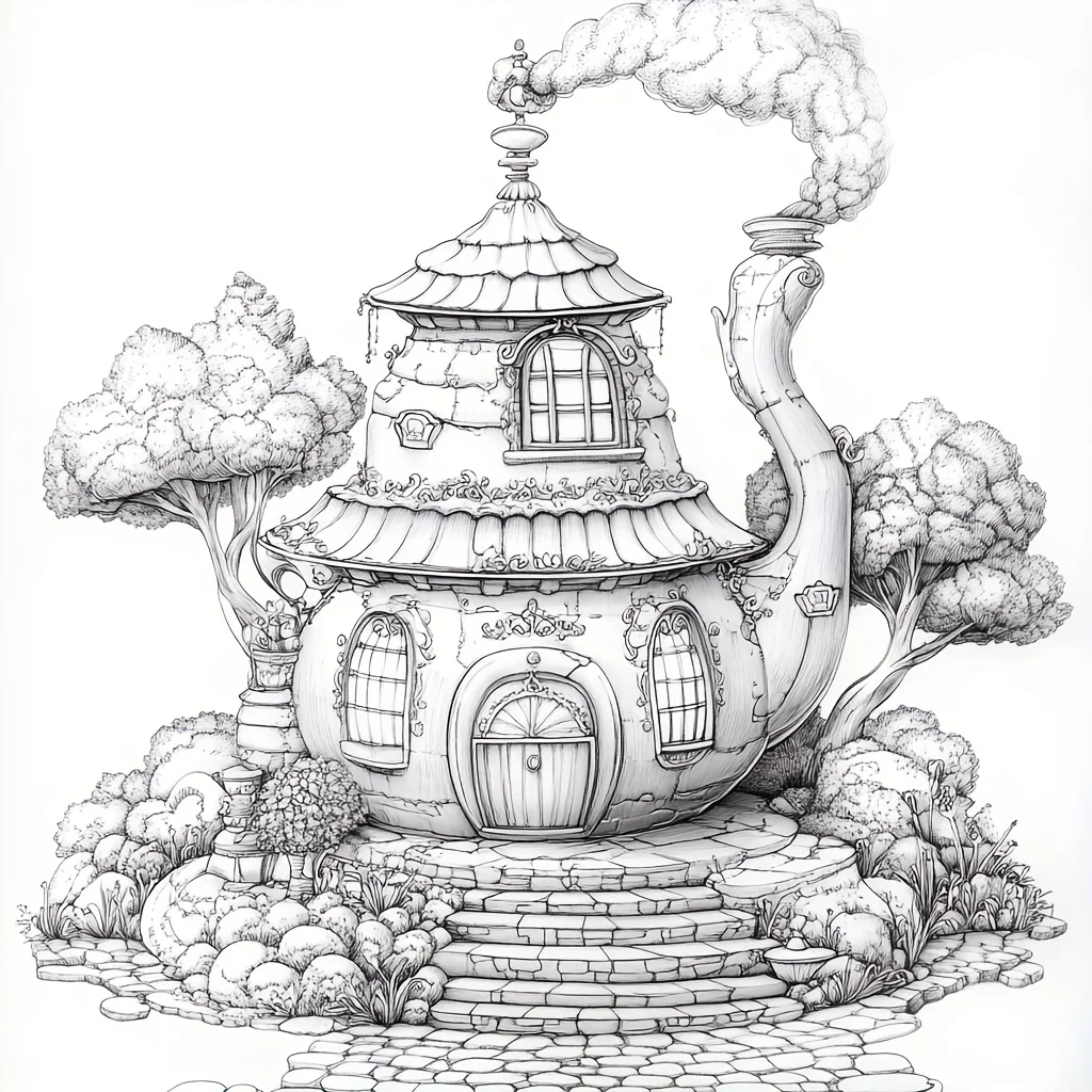 28 Pages Dreamy Teapot House Coloring Book for Adult, Birthday Party Gift, Drawing Supplies, Christmas, Thanksgiving, Halloween