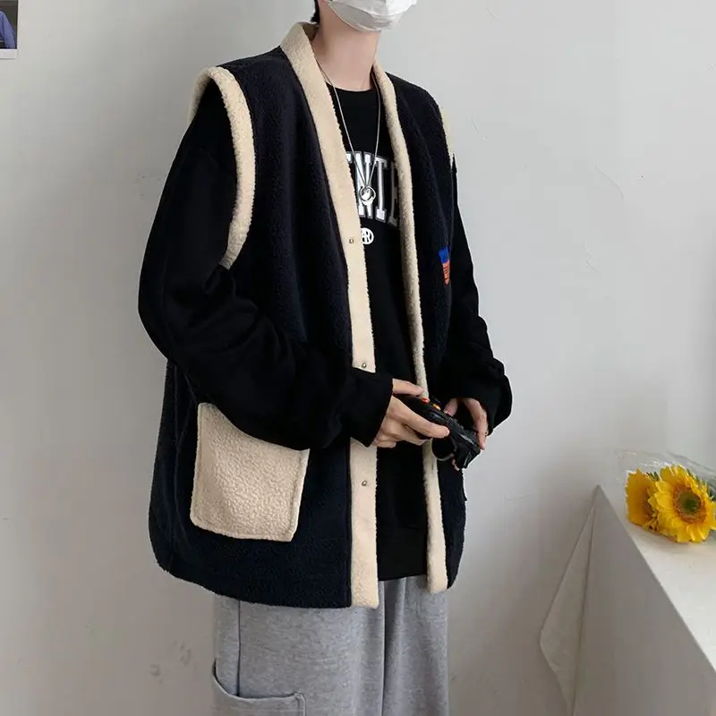 Winter Lamb Wool Vest Coat Men's Japanese Loose Vintage Plush Sleeveless Coat Tank Top Trend Coat Vest