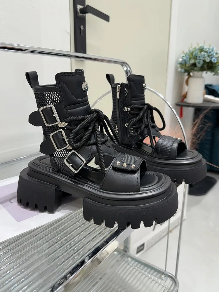 Fashion Ladies Solid Color Split Leather Lace-Up Zipper Platform Sandals Open Toe Hollow Out Buckle Strap High Heel Gladiator - view 4