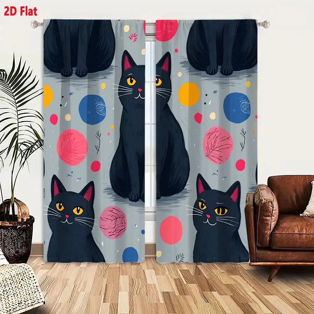 2Pcs Curtains 2D Flat Seamless Pattern With Black Cats And Colorful Yarn Balls On Gray Background Window Drapes for Bedroom Room