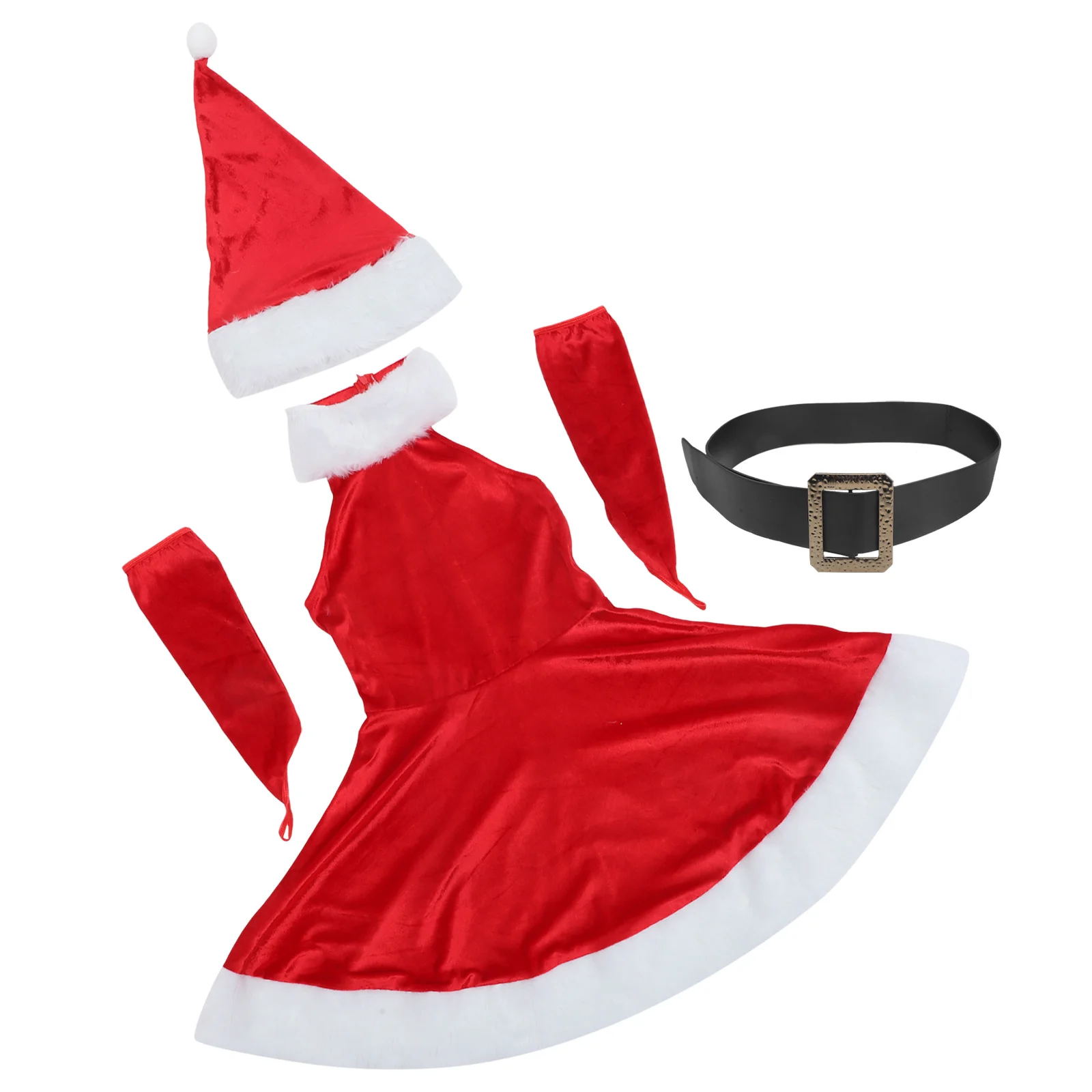 

5Pcs Christmas Women Dress Sleeveless Santa Suit Xmas Costume Set Stage Masquerade Outfit Hat Gloves Belt Size M