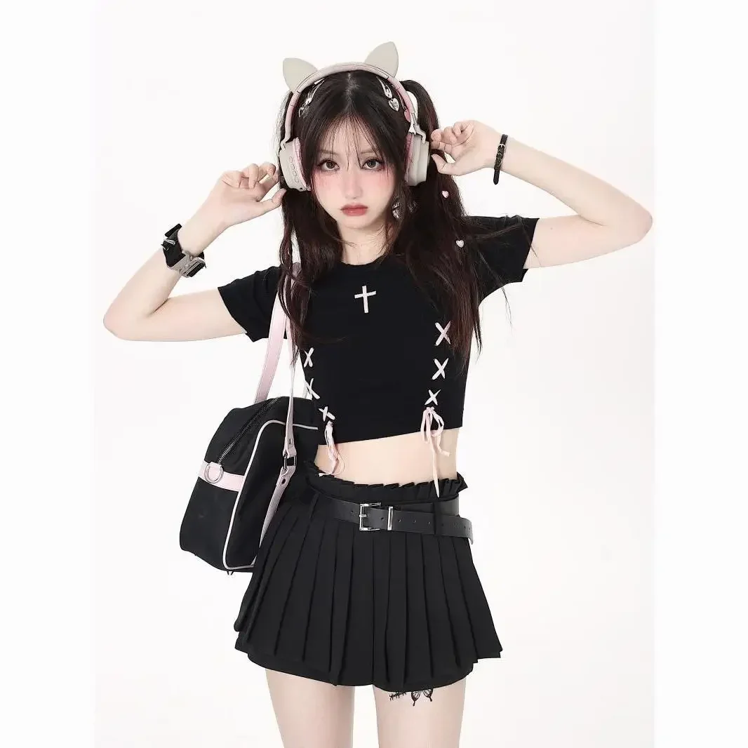 2025 Korean Sweet Spicy Girl Lace up Cross Crop Top for Women Slim Fit Short Sleeve T-shirt Women Summer New Fashion Clothing