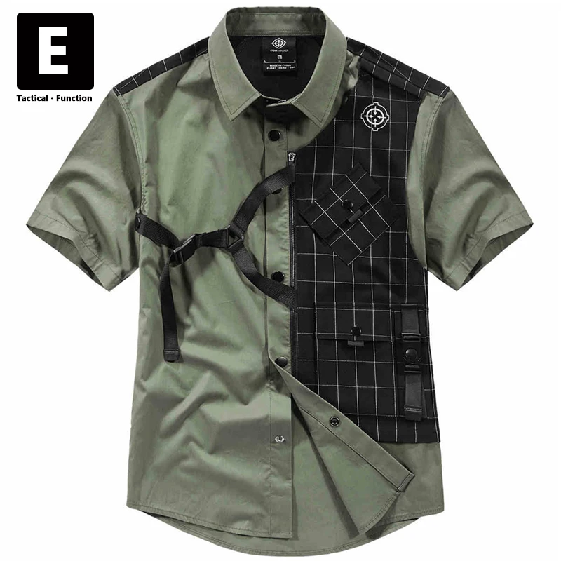 Green Cargo Shirt Men Summer Short Sleeve Shirts Streetwear Military Shirts Patchwork Detachable Design Techwear Tops Male