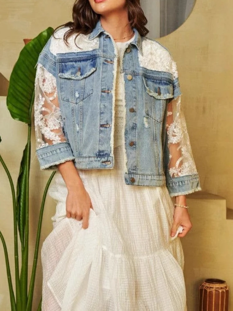 

2025 Cross-border European Women's New Fall/Winter Denim Jacket with Hole-Embossed Netting and Patchwork Design