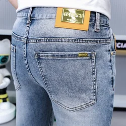 Calça jeans high-end masculina, fina, na moda, simples, leve, roupa luxuosa, justa, pequena, calça casual reta, moda verão