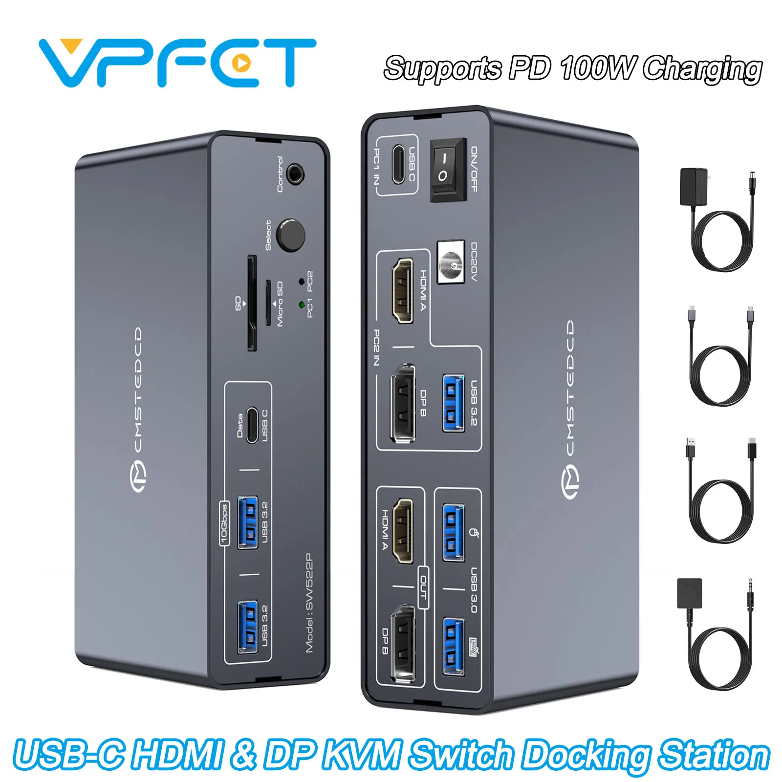 

KVM-переключатель, 2 монитора, 2 ПК, док-станция USB C с HDMI 4K при 60 Гц DP 4K при 120 Гц USB3.2, поддержка устройства PD 100 Вт, зарядка VPFET