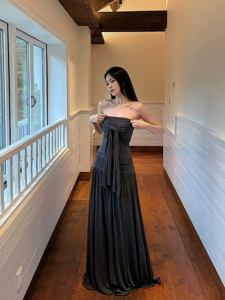 

Корейский шикарный комплект из топа без бретелек и юбки миди для женщин: летний сексуальный укороченный топ с вырезом-лодочкой в стиле Y2K и универсальная юбка миди с высокой талией