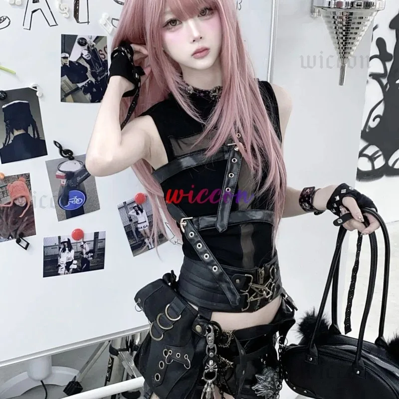 

COSda@Anime Devil's City Queen Unifrom Women Cool Girl Punk Cyber Dark Gothic Tshirt Leather Waist Cincher Mini Shorts Spicy Gir