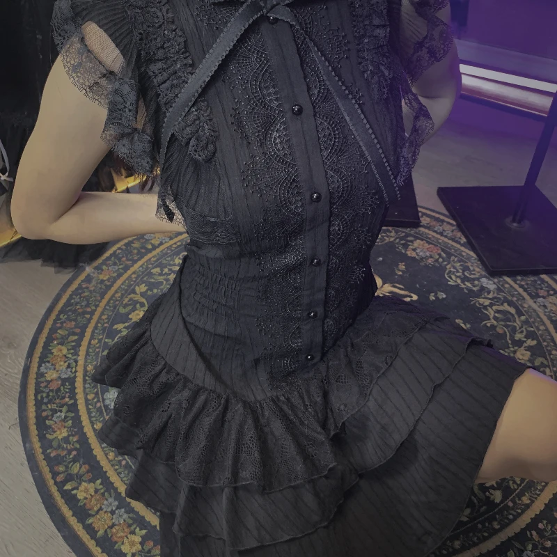 Gótico escuro renda guarnição doce legal roupas femininas design original 2025 verão novo preto sem mangas curto em camadas vestidos senhoras