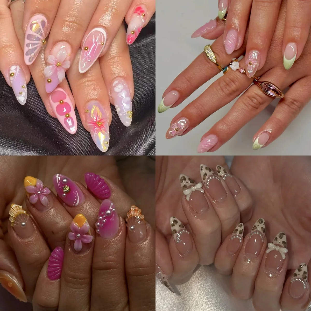 

French Flower Bowknot Pearl Long Pointed Fake Nails Art Almond False Nails Ripple Leopard Snake Pattern Star Press on Nails Tool